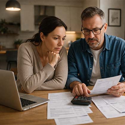 Ontario homeowners reviewing bills and mortgage paperwork at home